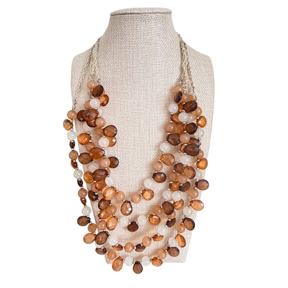Vintage 1990s Signed Trifari Multi Strand Amber Crystal Teardrop Bead NecklaceDe